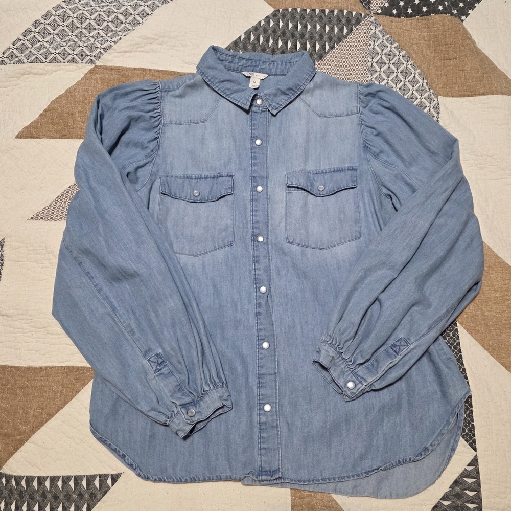 Womens Balloon Denim Sleeve Button Down Top